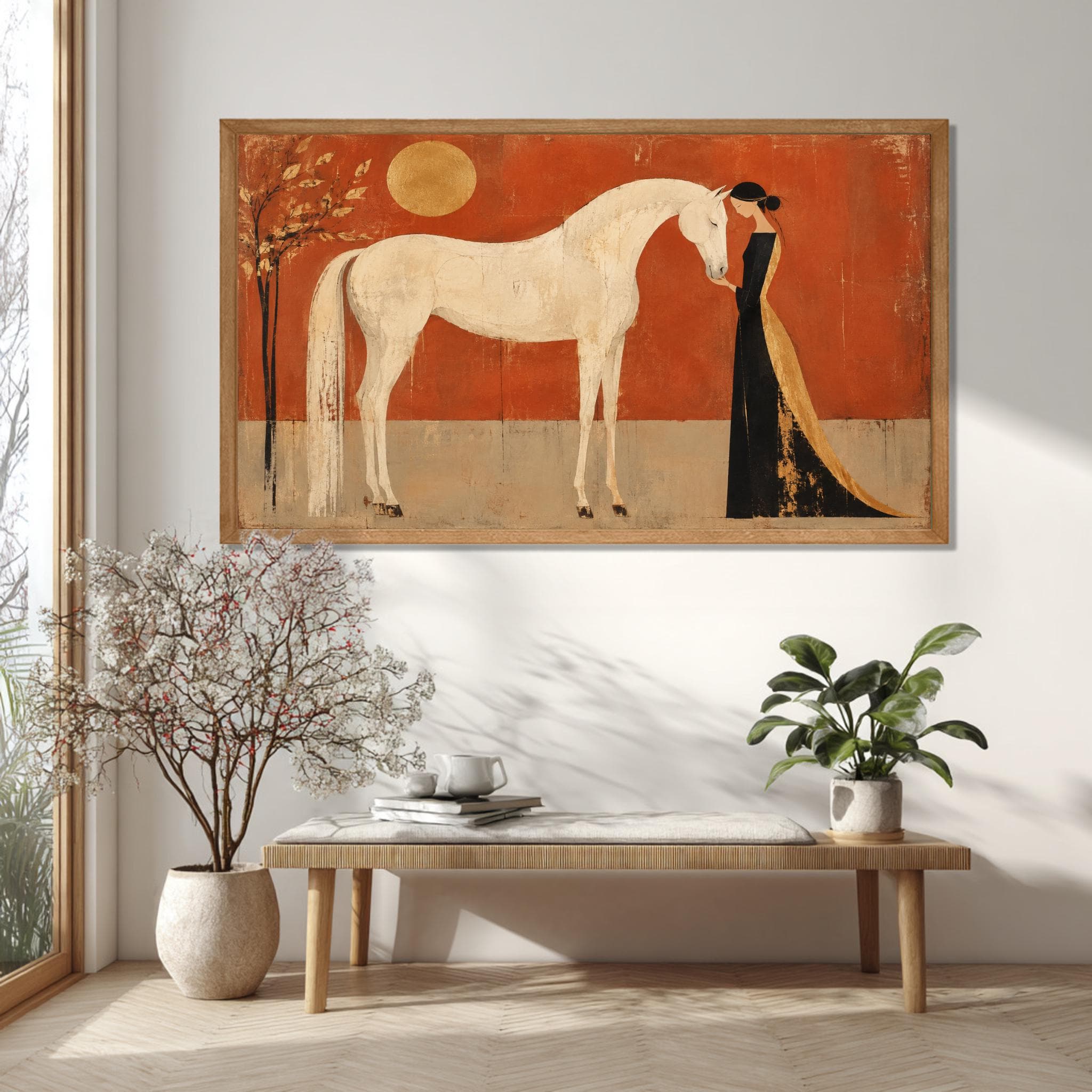 Elegant equestrian canvas featuring a woman in black gown beside a white horse.
Rustic horse artwork in burnt orange, cream, black and antique gold tones.