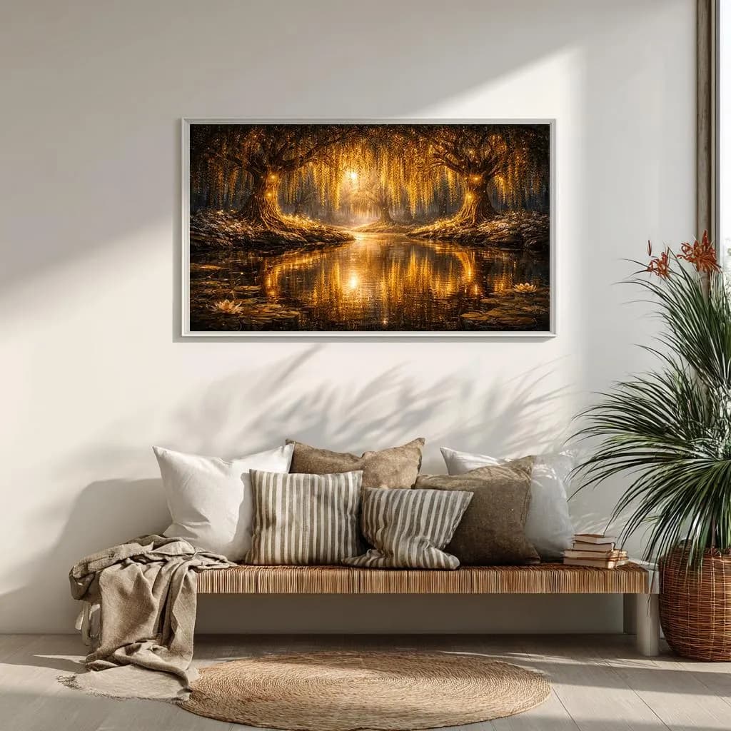 fantasy forest wall art glowing trees golden light nature artwork