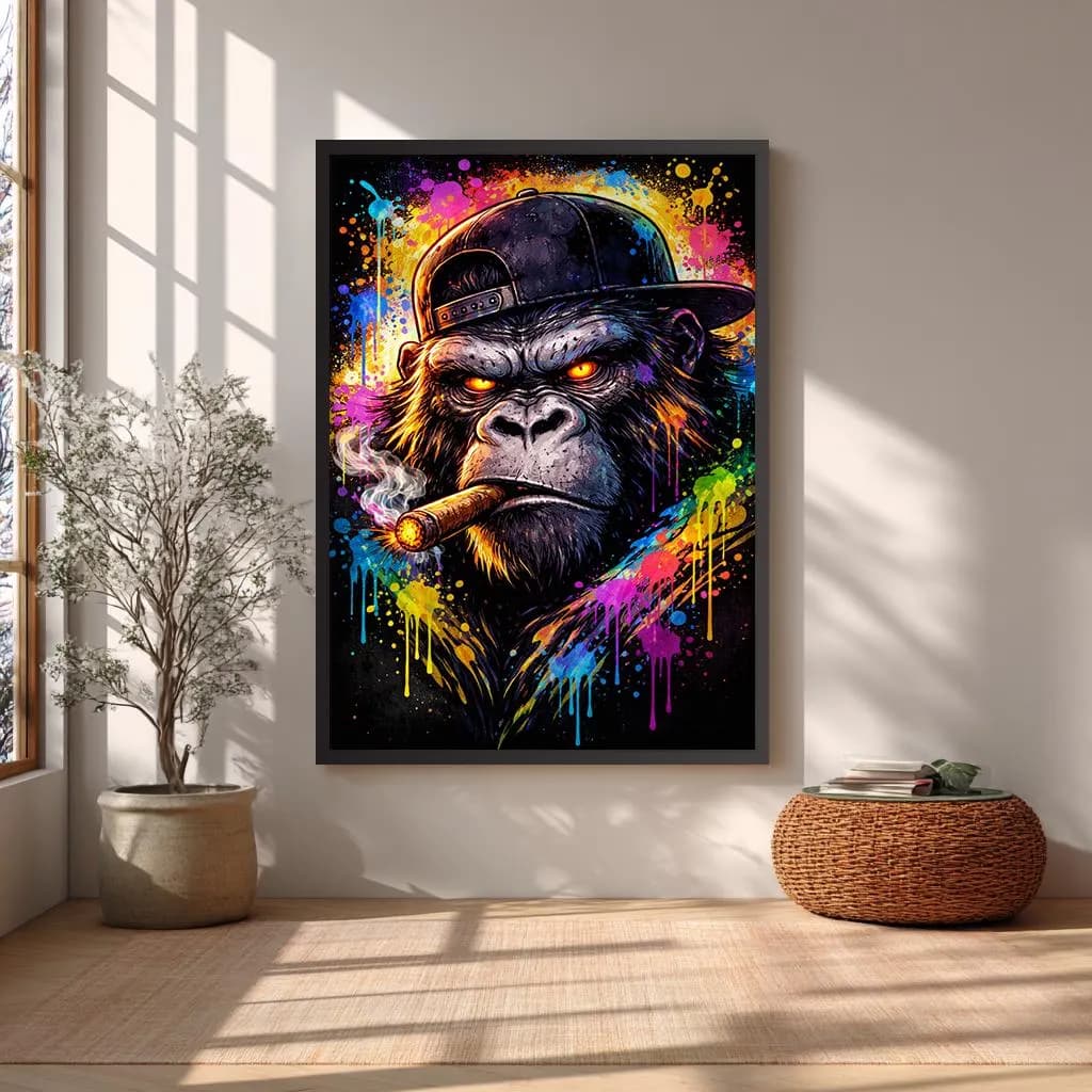 cool gorilla artwork, smoking gorilla art, urban animal wall art,
funny adult animal art, street style monkey print, modern masculine decor