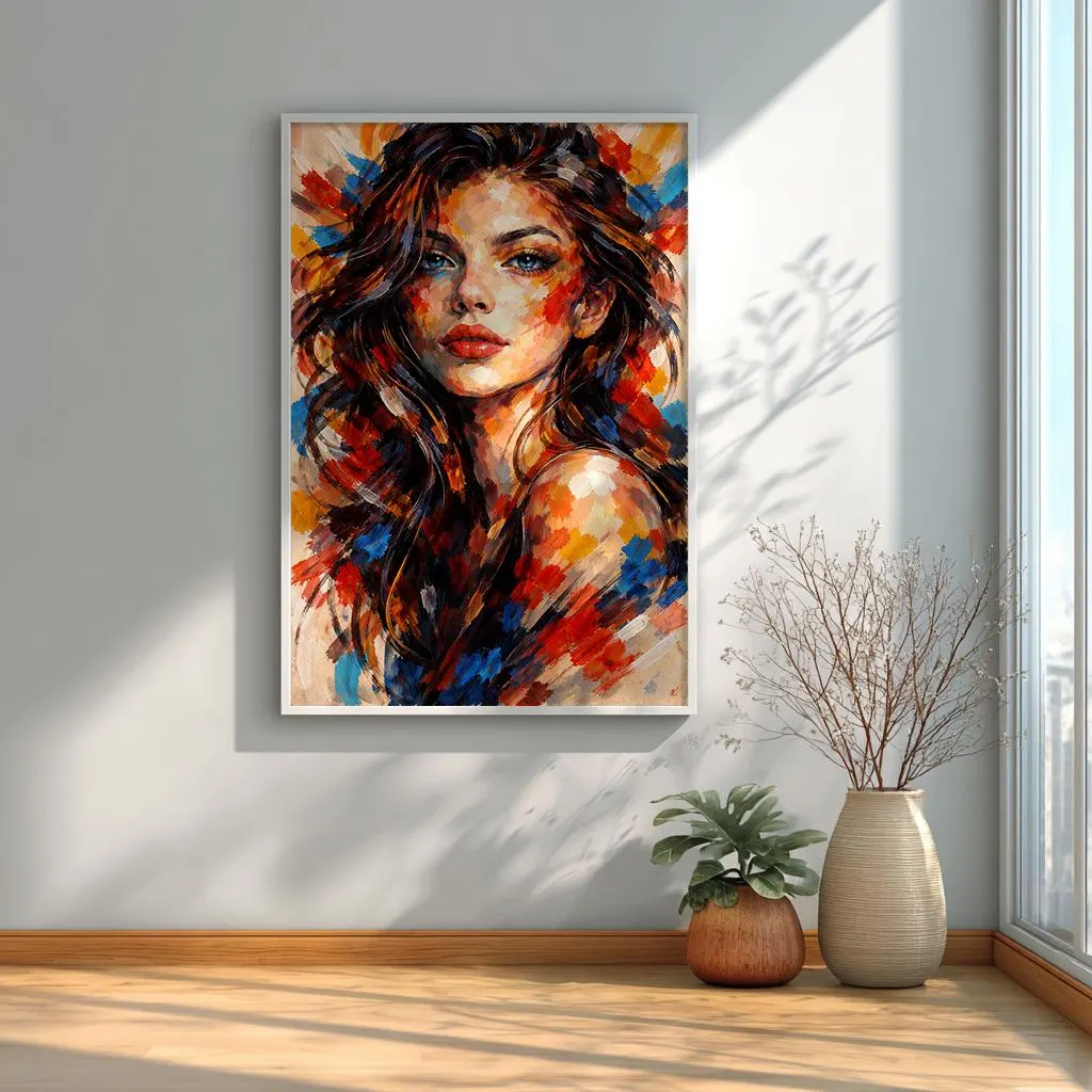 abstract woman portrait art, colorful impasto portrait,
modern female wall art print, expressive abstract face,
contemporary portrait painting, luxury abstract portrait decor