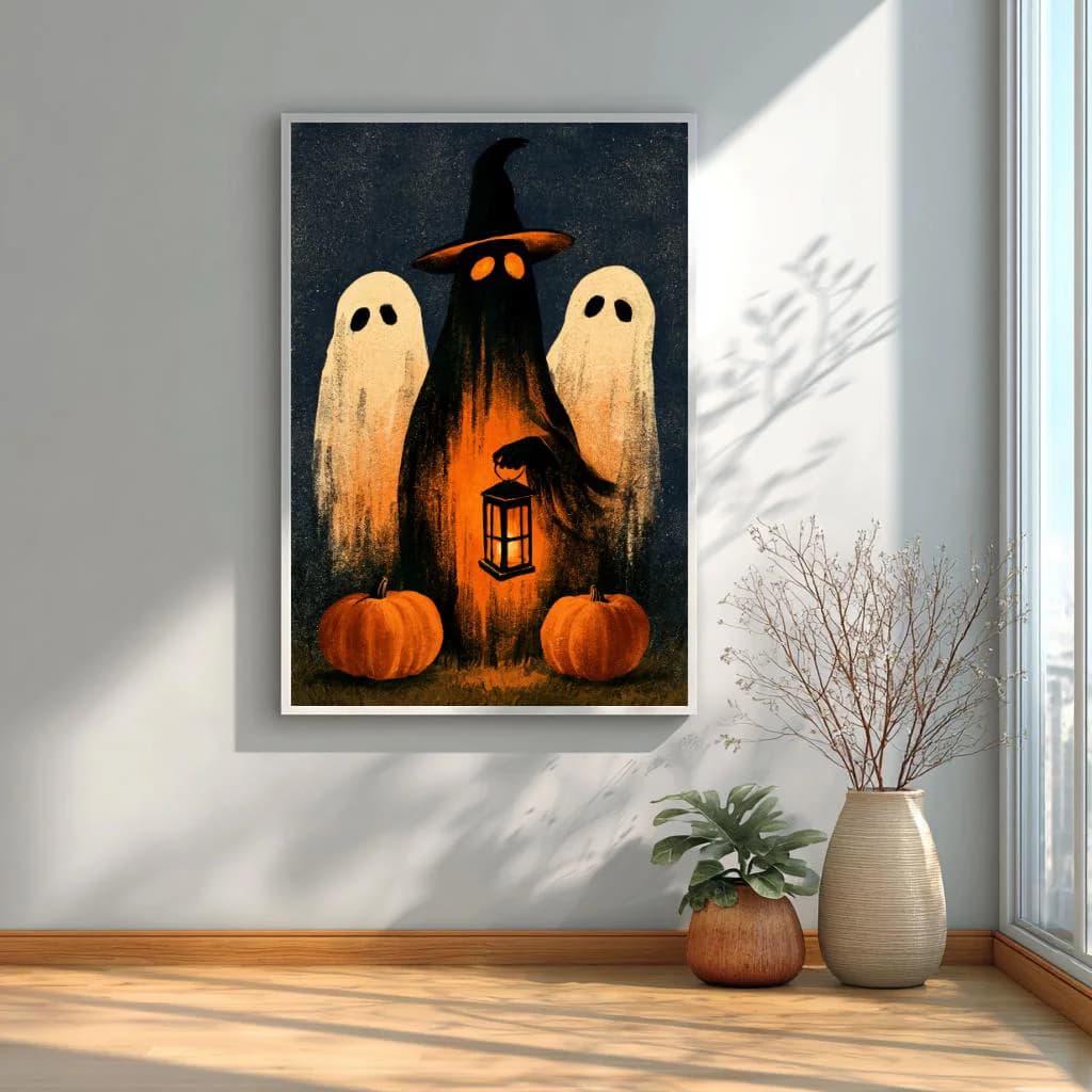 Cute spooky wall decor featuring a witch ghost holding a lantern between two friendly white ghosts.