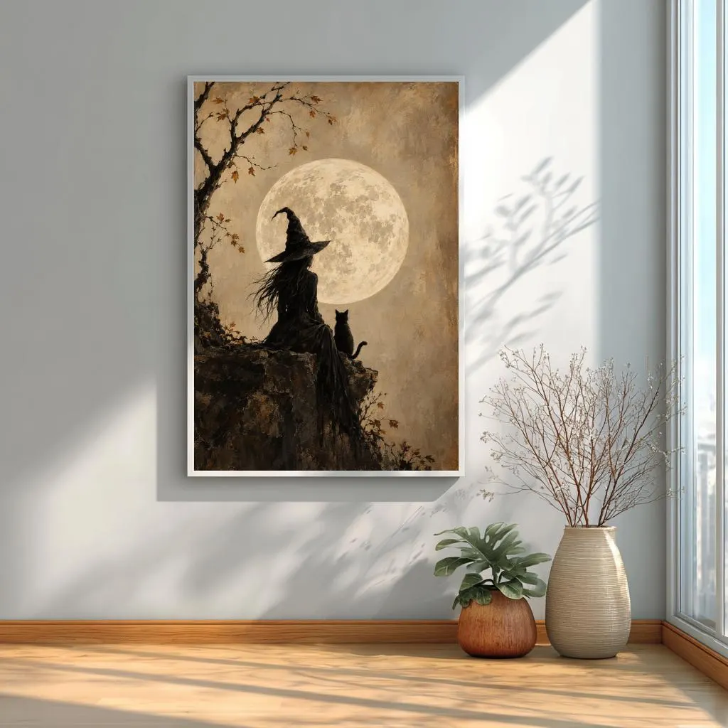 Gothic Witch Wall Art, Full Moon Framed Canvas Print, Vintage Halloween Decor - image 4