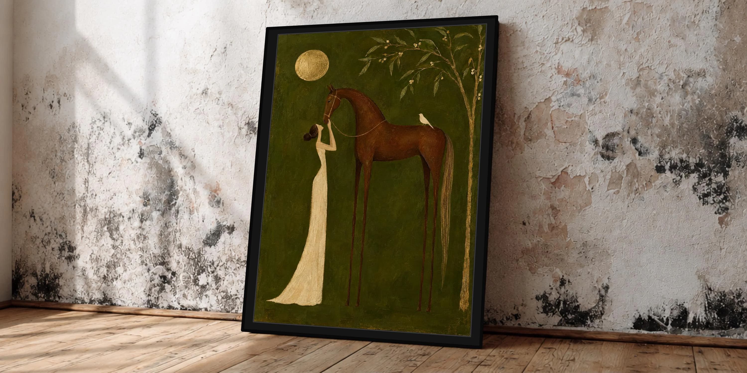 Woman and Horse Framed Wall Art, Olive Green Rustic Oversized Artwork