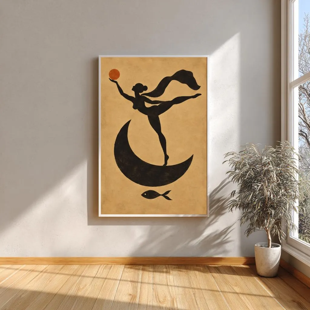 Minimalist sun and moon wall art with graceful woman silhouette and flowing fabric.
