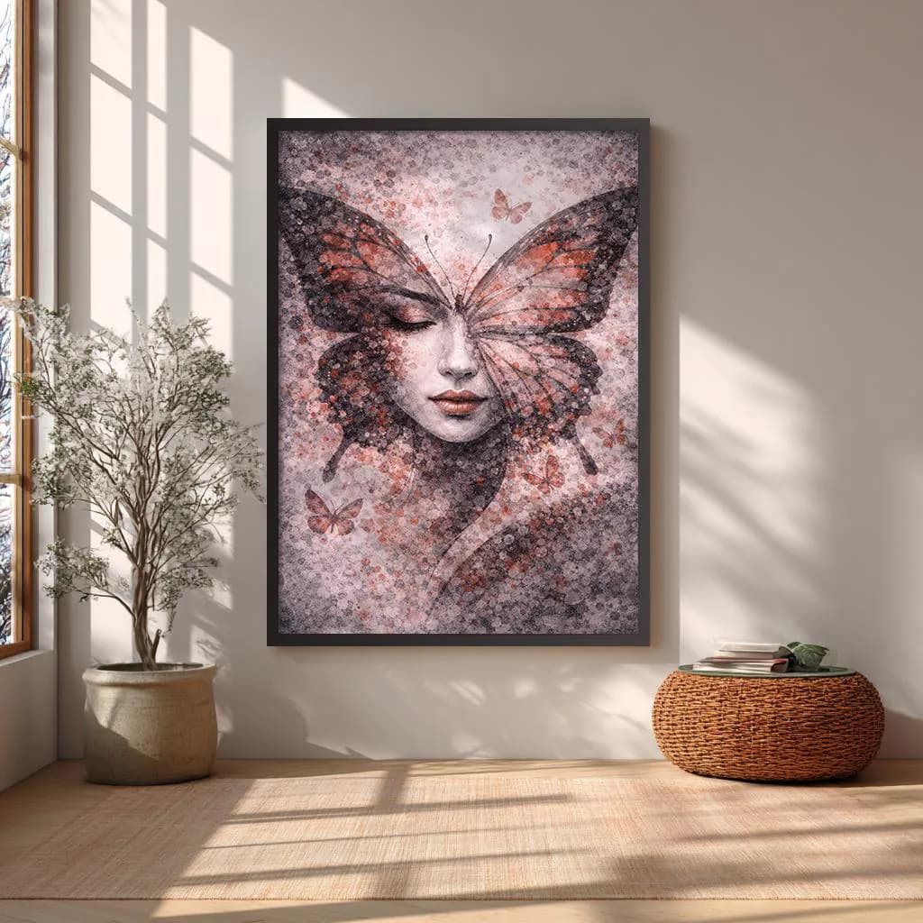 butterfly woman art print surreal feminine portrait soft dark wall decor