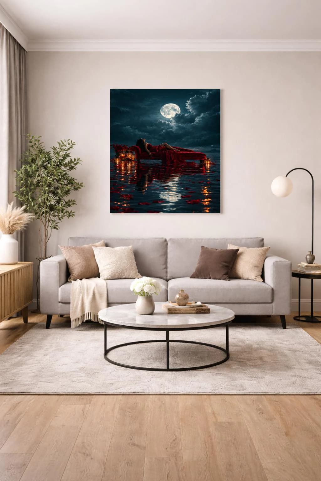 Dark feminine wall art with full moon, crimson dress, red roses and warm glowing lanterns.