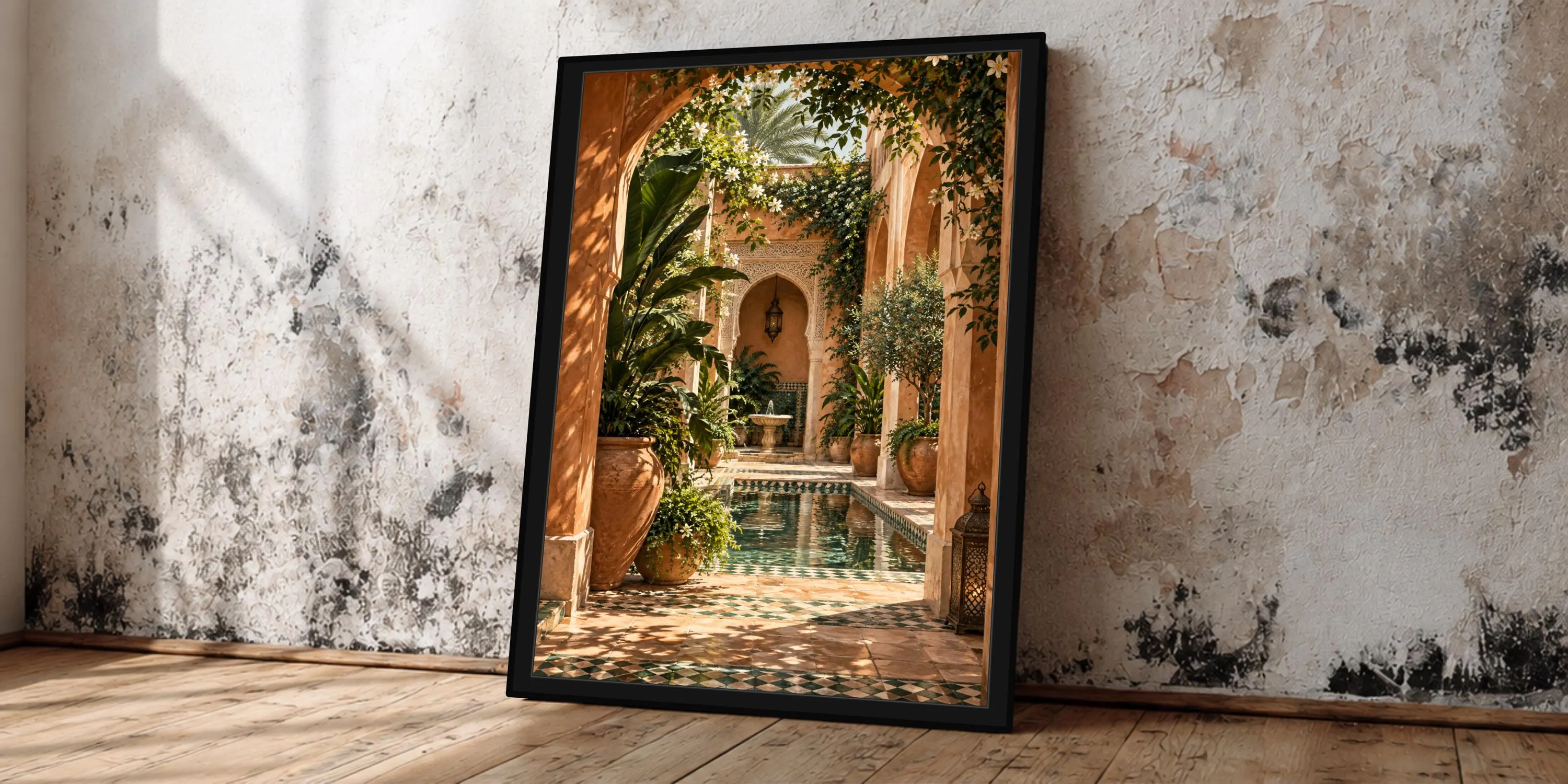 Moroccan Courtyard Oversized Wall Art, Riad Garden Framed Canvas Print