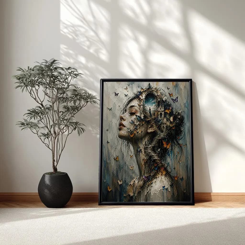 Surreal Woman Oversized Wall Art, Butterfly Dreamscape Framed Wall Hanging