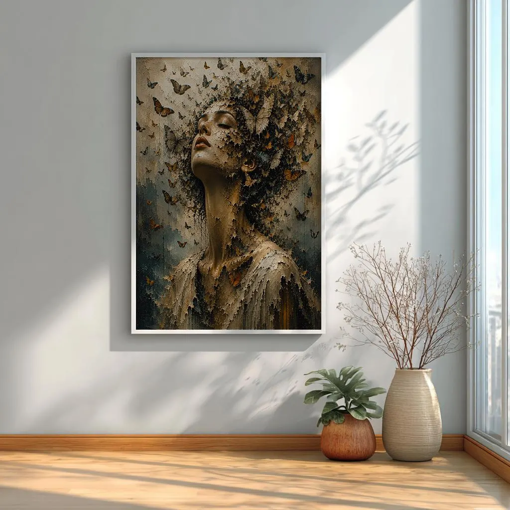 Dreamy butterfly portrait canvas print with ethereal feminine beauty and contemporary fantasy artwork style.
