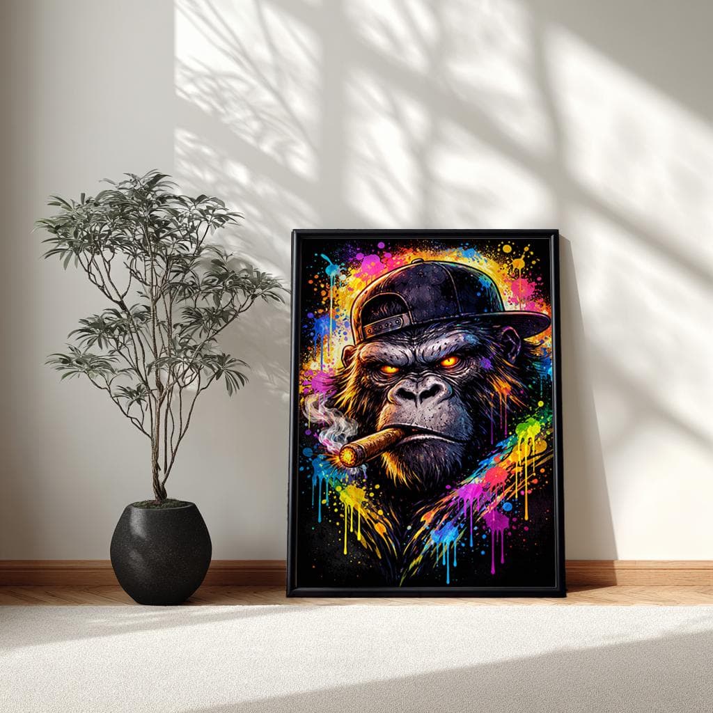 Graffiti Gorilla Framed Canvas Art, Modern Street Style Animal Portrait