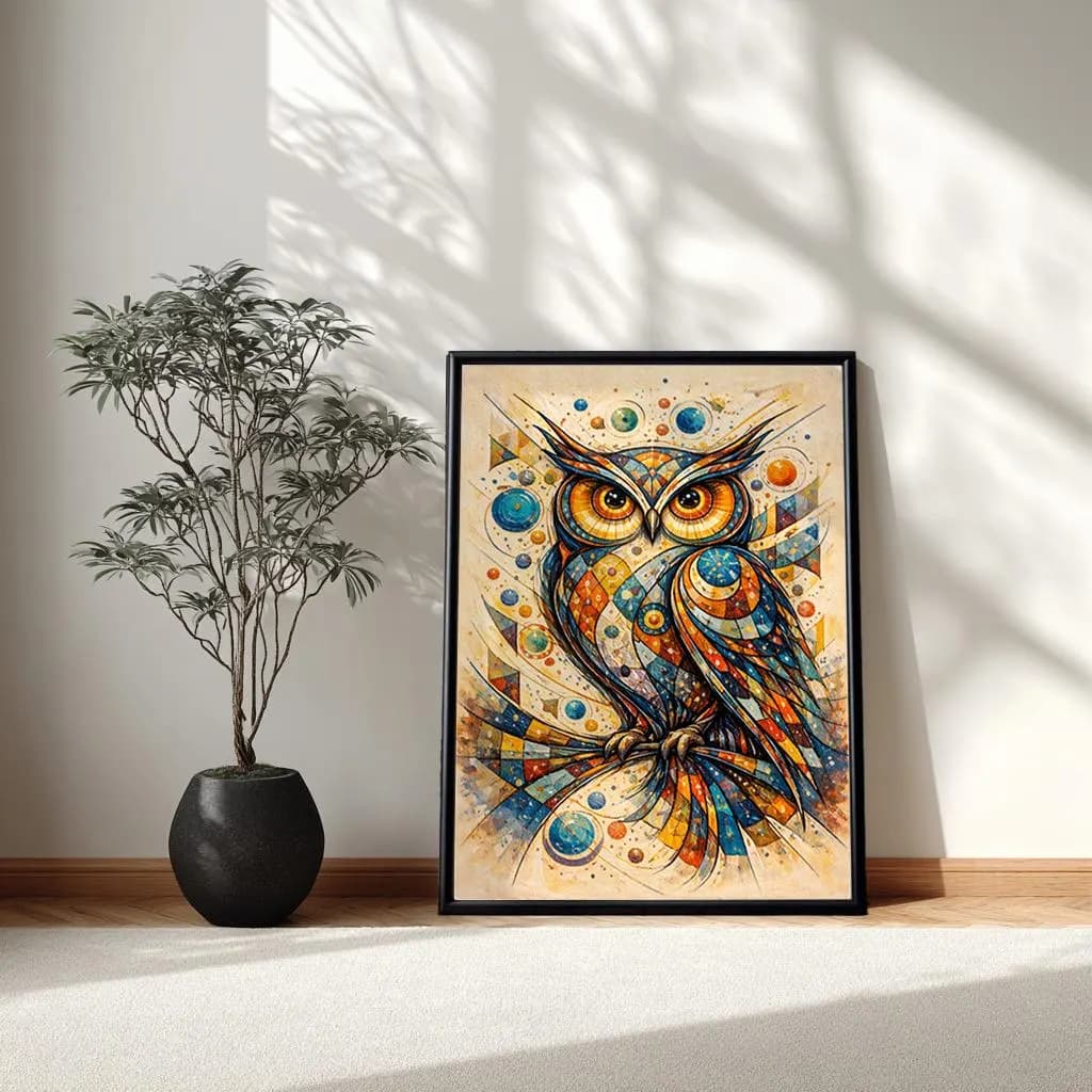 Geometric Owl Framed Canvas Wall Art, Modern Colorful Animal Extra Large Wall Decor