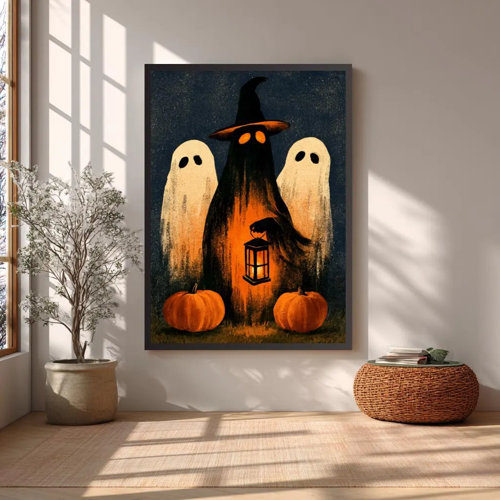 Vintage Halloween canvas with cute spooky ghosts, pumpkin decorations and warm orange lantern light.