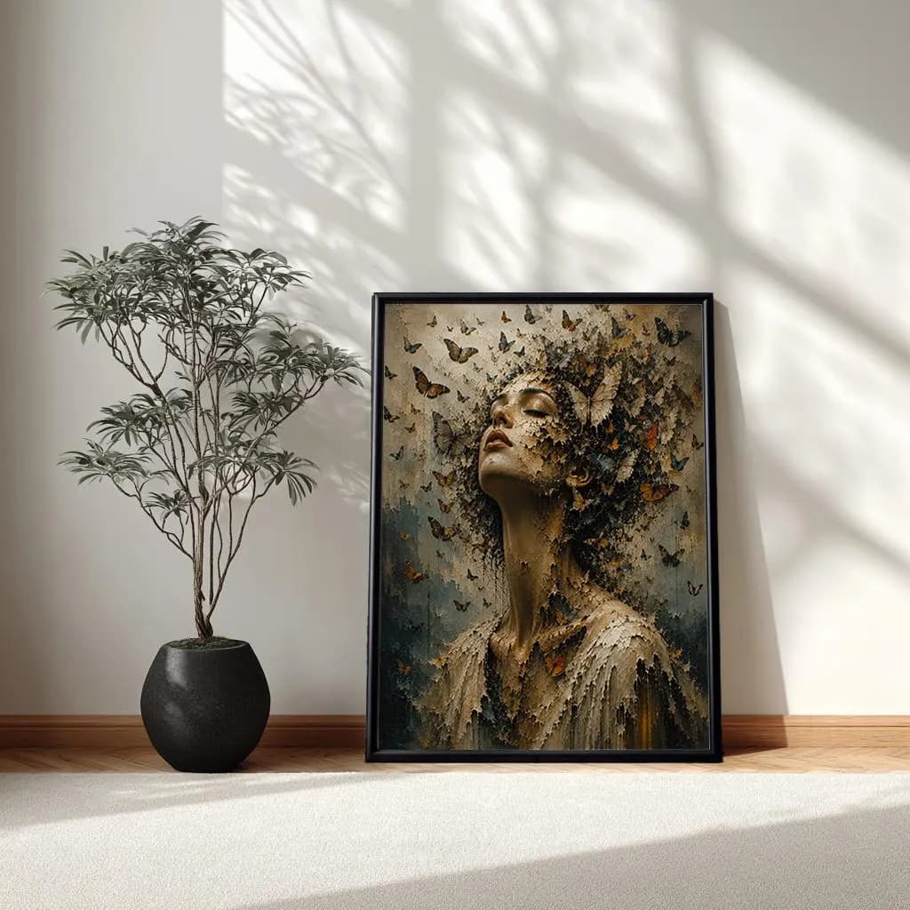 Butterfly Girl Oversized Canvas Wall Art, Surreal Female Portrait Framed Wall Decor