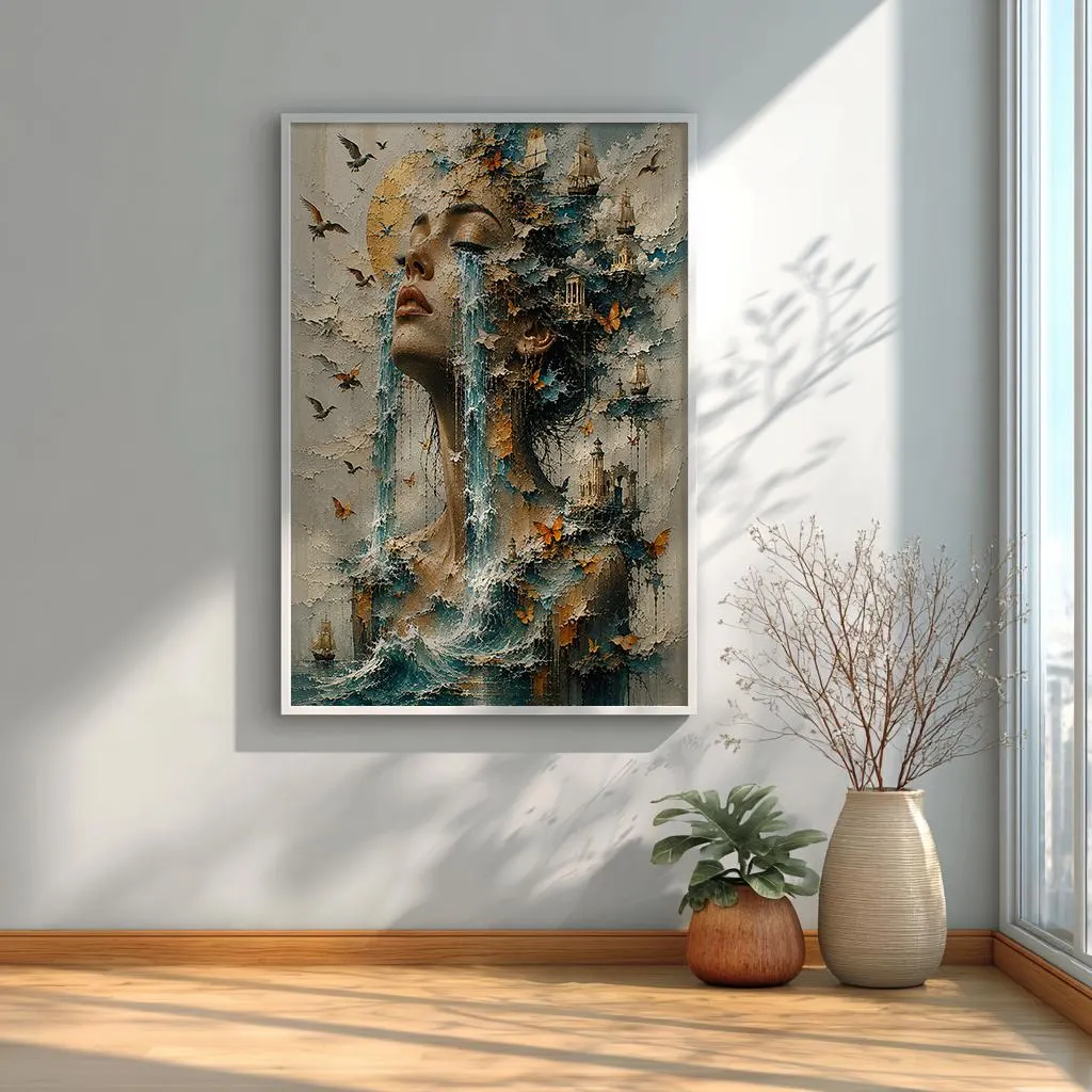 Fantasy ocean portrait artwork combining maritime scenery, sailing ships and ethereal feminine beauty.