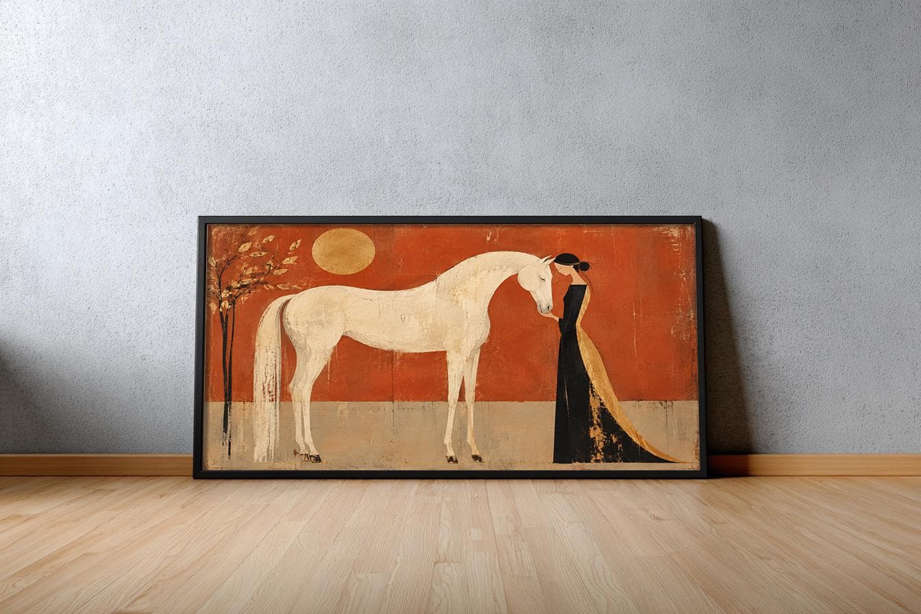 Woman and Horse Framed Wall Art, Elegant Terracotta Western Large Wall Hanging