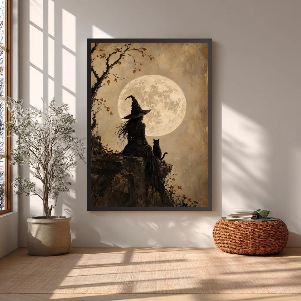 Gothic Halloween canvas featuring a witch silhouette and black cat sitting under a full moon.