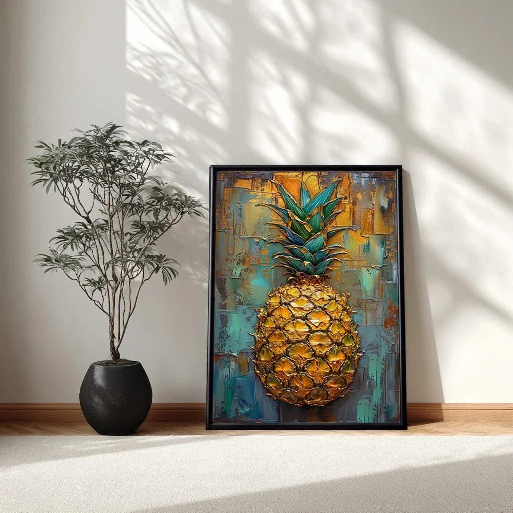 Abstract Pineapple Framed Wall Art, Tropical Luxury Fruit Extra Large Wall Decor
