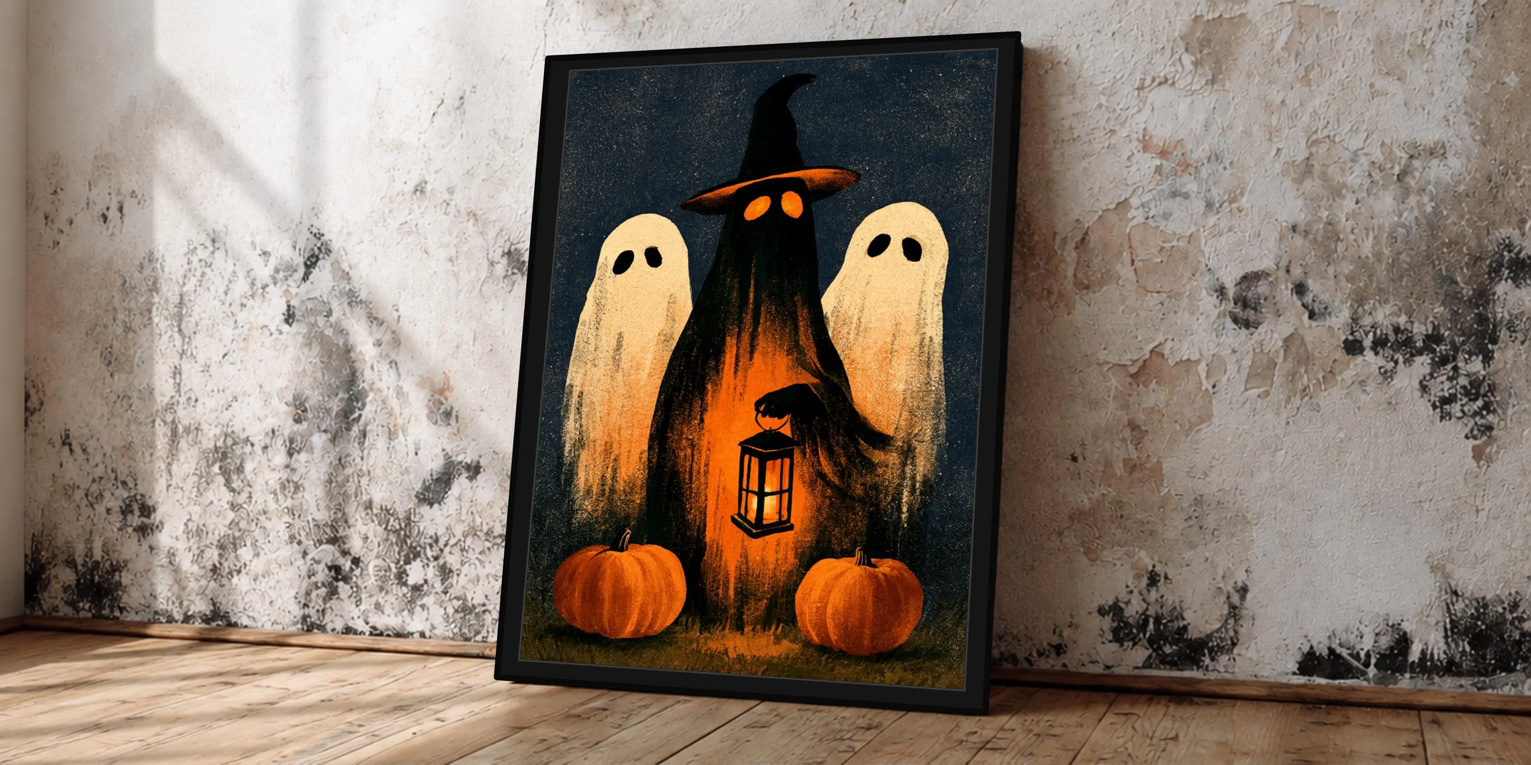 Vintage Ghost Framed Wall Art, Halloween Canvas Print, Pumpkin Wall Decor