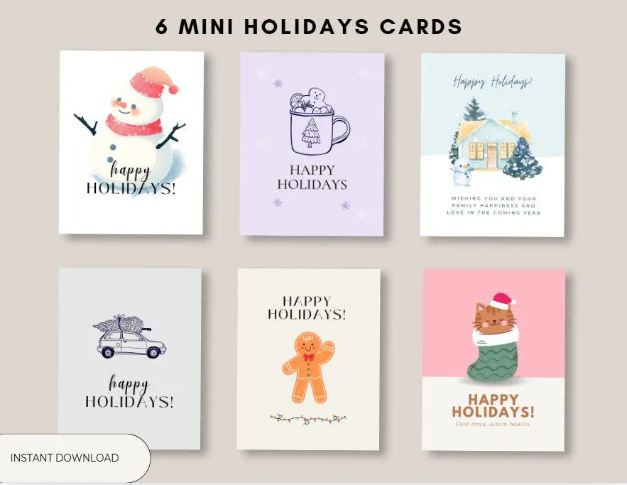 Printable mini holiday cards cute Christmas card set digital download aesthetic winter greeting cards instant download festive gift tags