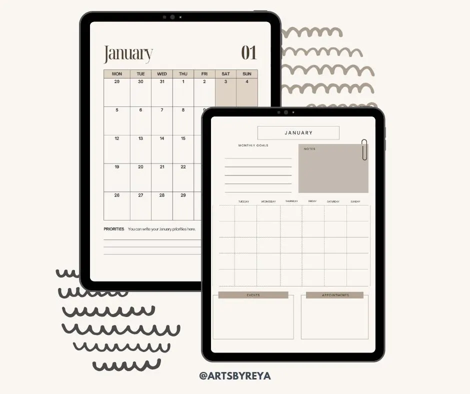 Monthly goals and notes planner page with minimal layout”

“2026 monthly collections page for planning and journaling