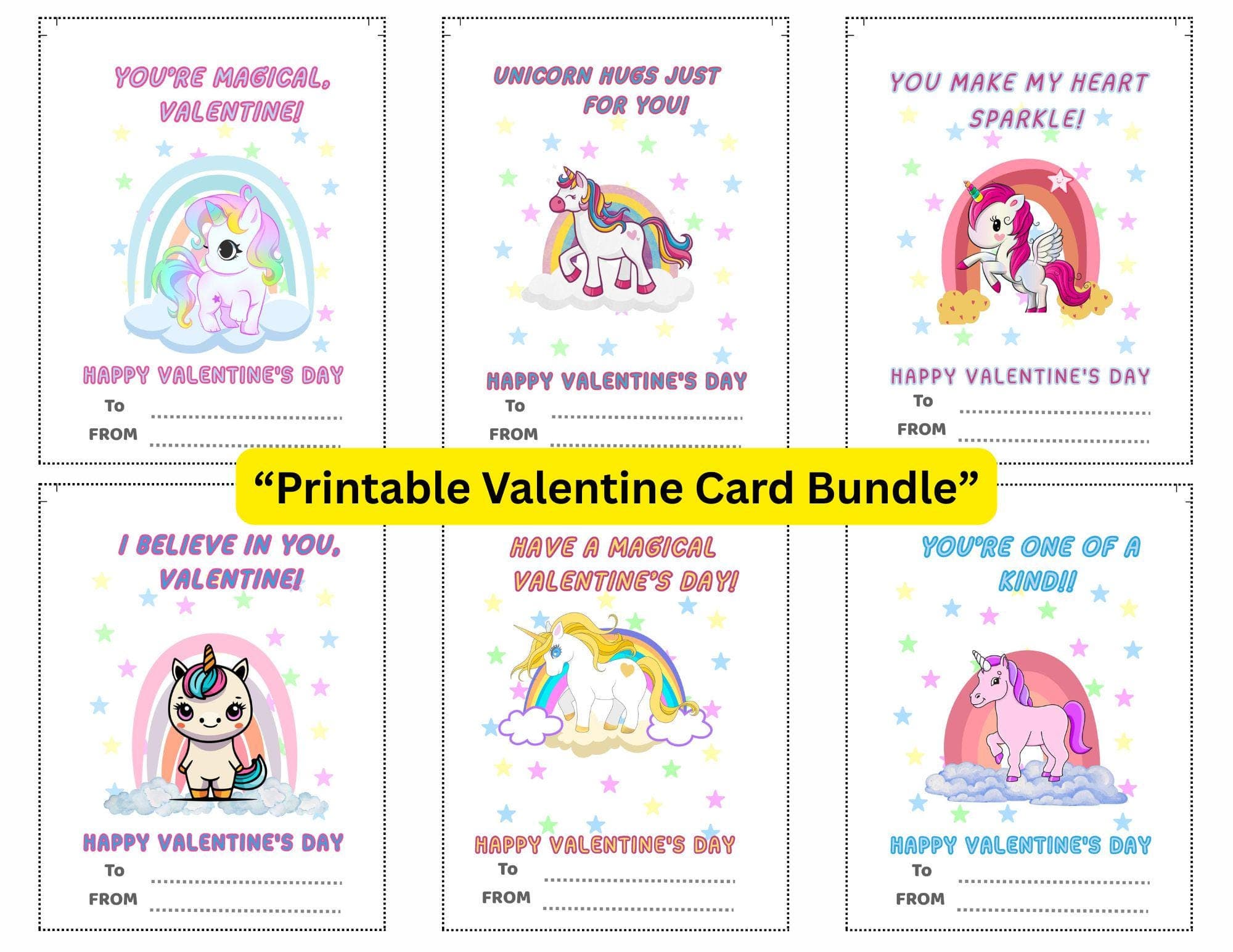 Printable unicorn Valentine cards for kids arranged on a page, perfect for classroom and school exchanges