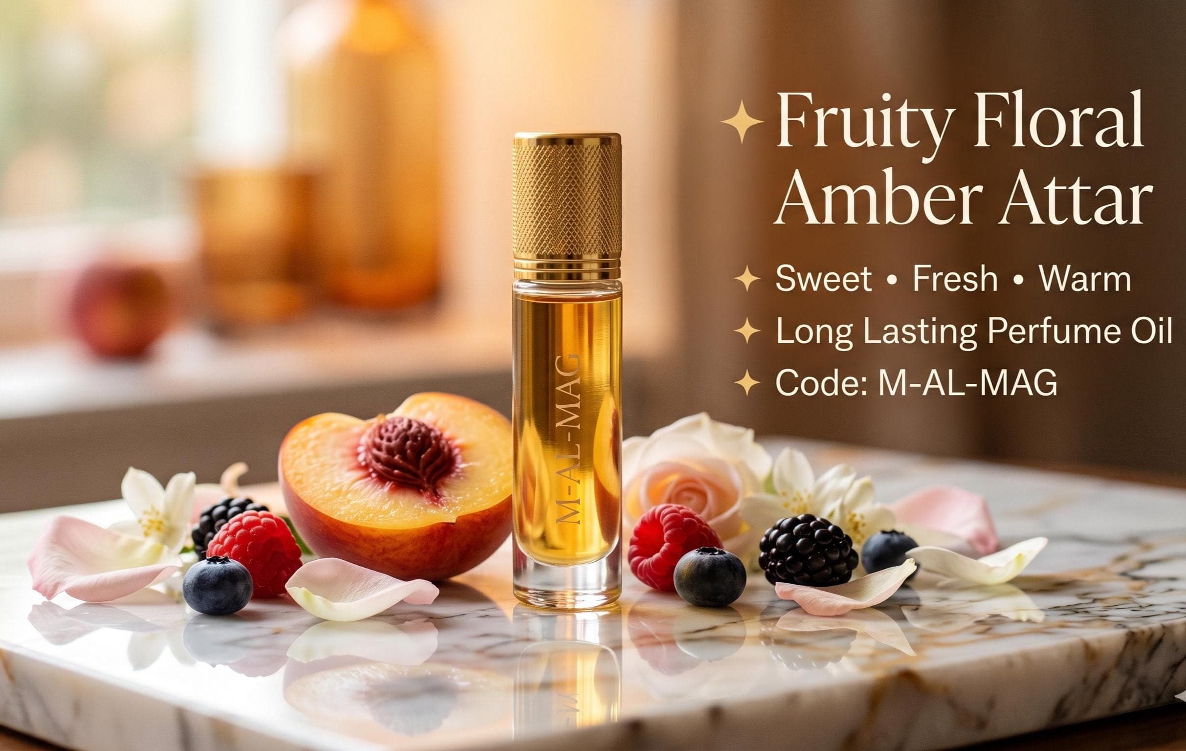 Fruity Floral Amber Attar Oil | Long Lasting Perfume Oil | Luxury Unisex Fragrance | Alcohol Free Roll On | Sweet Warm Scent