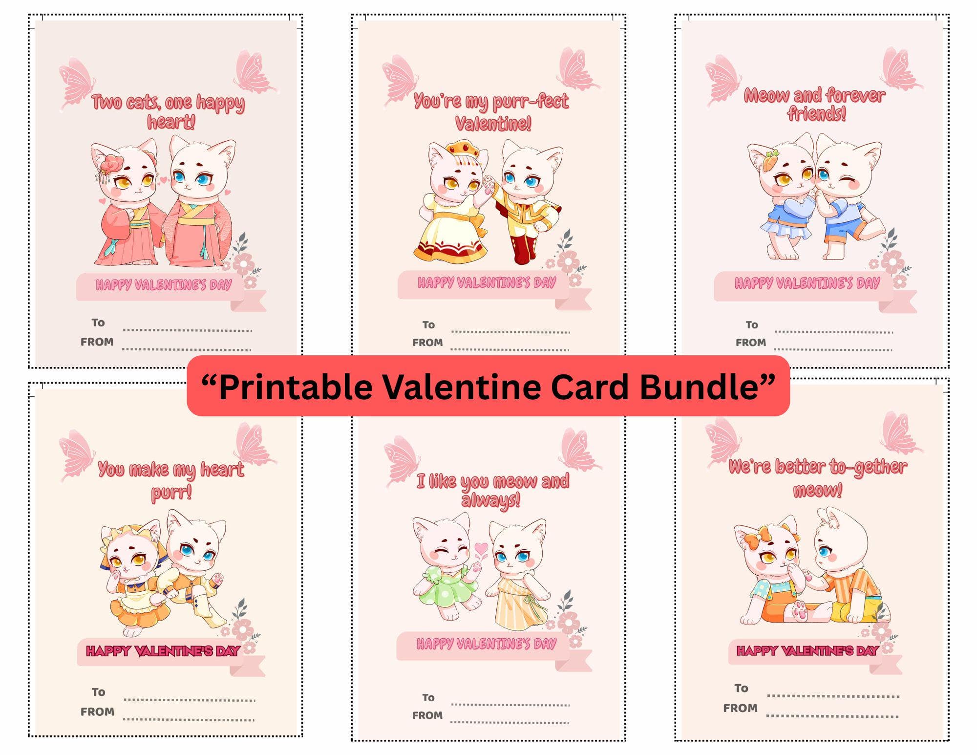 Close view of cute printable Valentine card designs for children with bright colors and kid-friendly messages