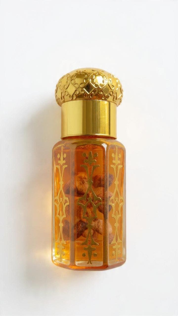 May include: A decorative amber-colored glass bottle with a gold-colored lid and accents. The bottle contains small, brown, organic shapes. The lid and accents feature an ornate, embossed design. The bottle is likely for perfume or essential oils. rose perfume oil