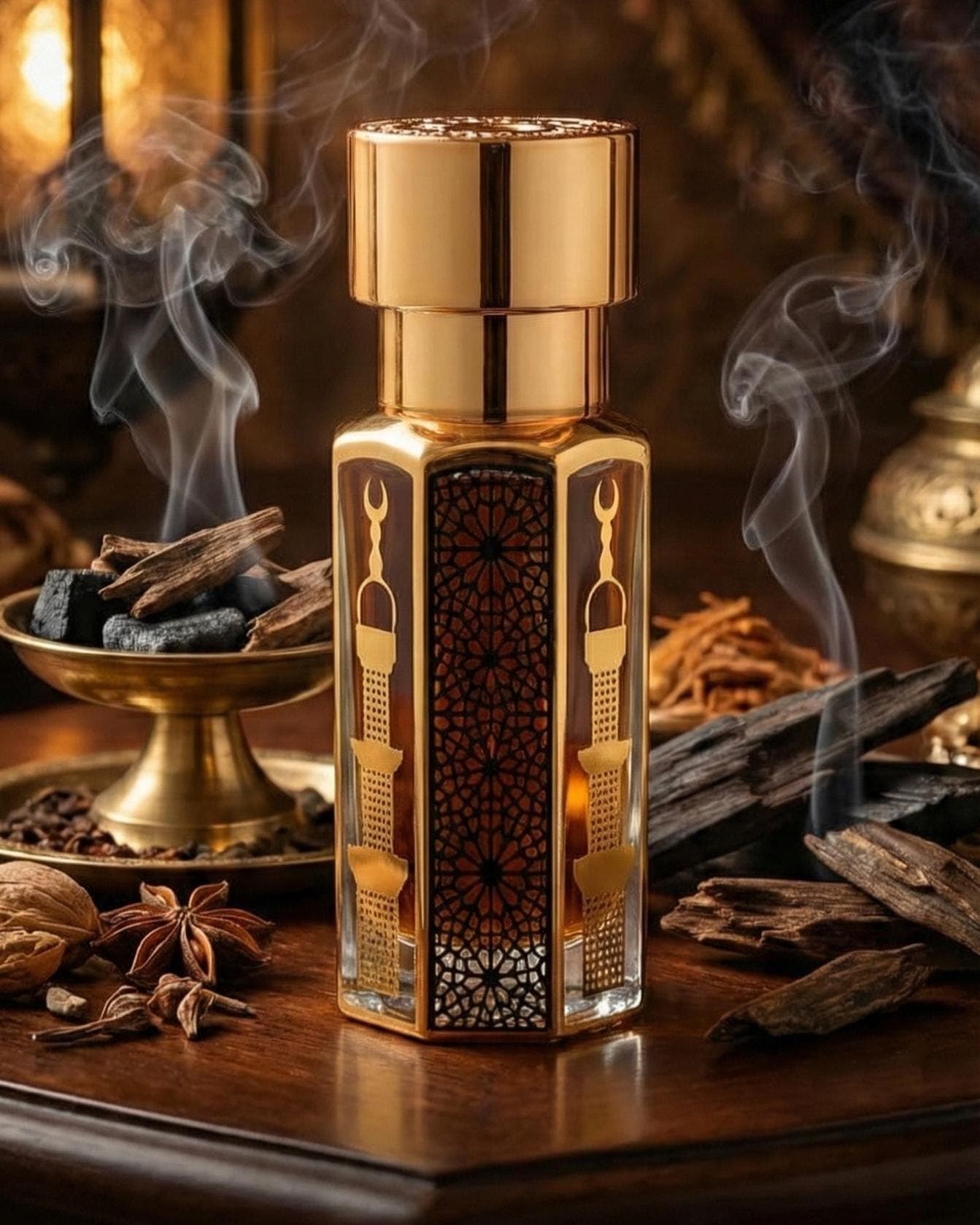 Close up of Assam Oud attar bottle showing premium design, traditional Indian oud perfume oil alcohol free