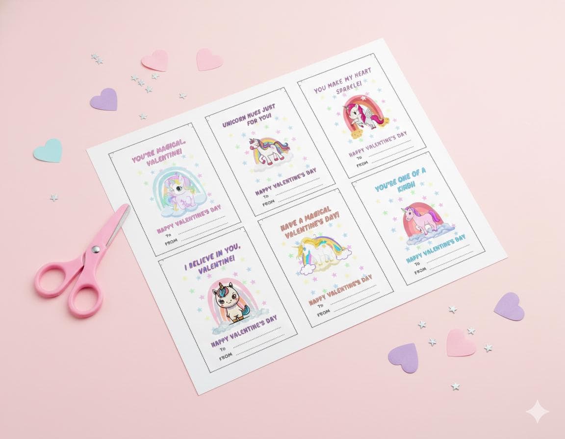 Unicorn Valentine Cards | Kids Classroom Printable (PDF Bundle + zip file)