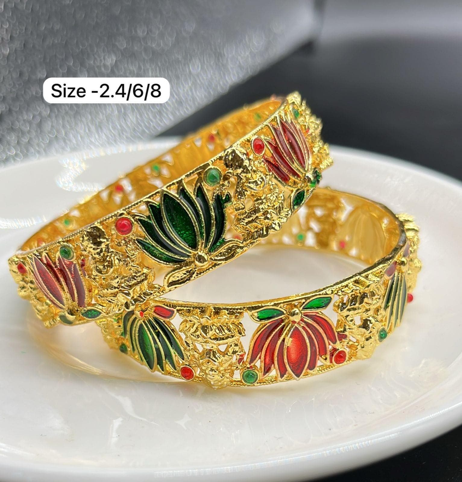 Red Lotus Necklace Set, Gold-Tone Indian Jewelry, Earrings & Bangle - image 5