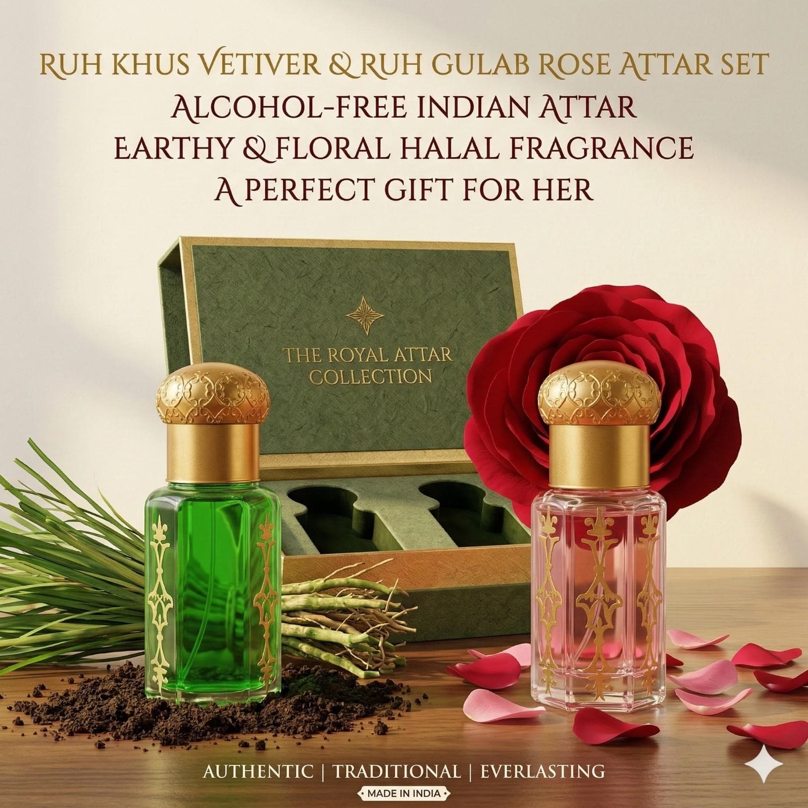 Ruh Khus Vetiver Rose Attar Set, Alcohol-Free Indian Fragrance, Perfume Oil,Gift For Her