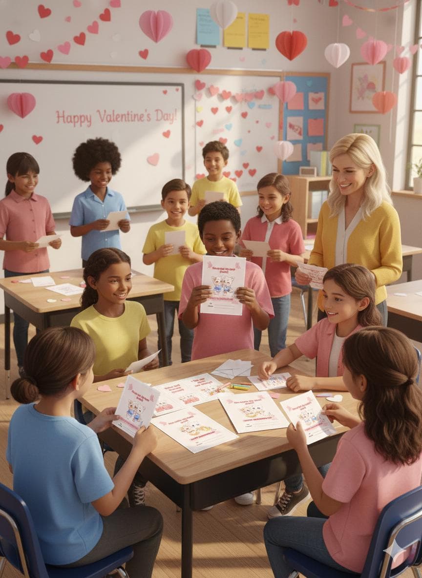 Printable kids Valentine cards displayed on a sheet with cute designs for classroom exchange and school parties