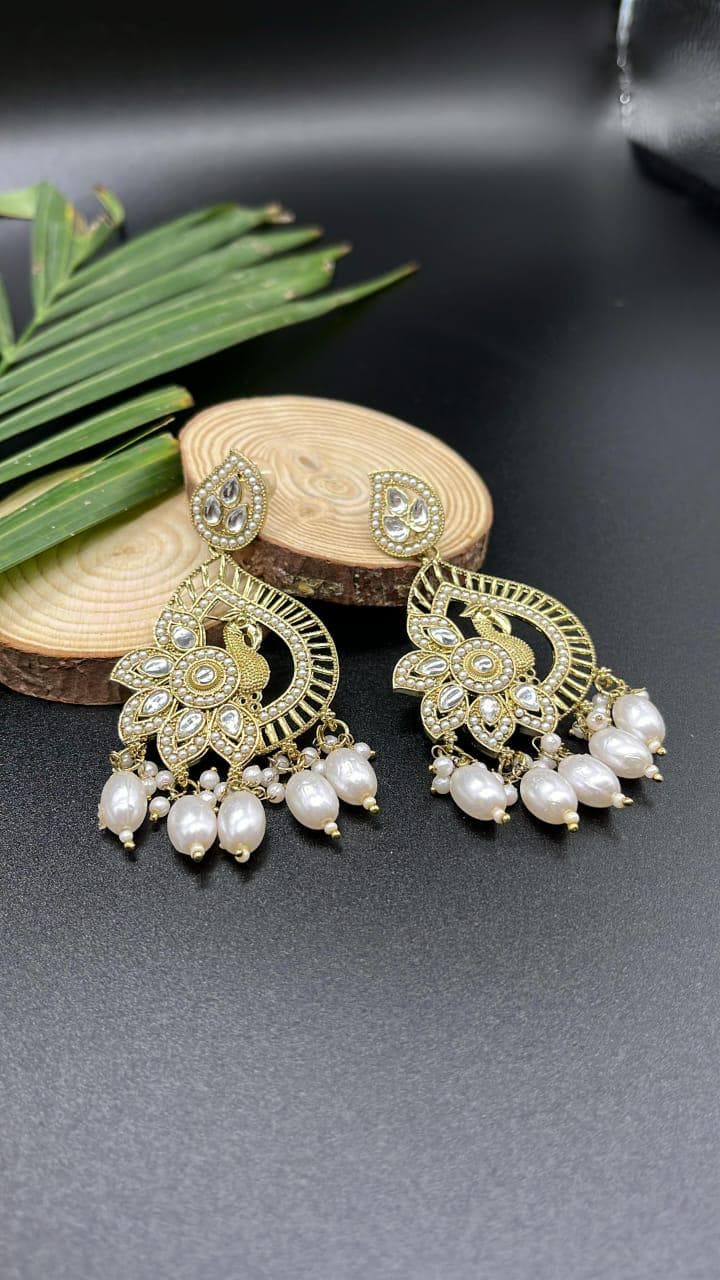 Pearl Beaded Teardrop Stone Studded Drop Earrings Elegant Bridal Handmade Jewellery Wedding & Party Wear - image 4