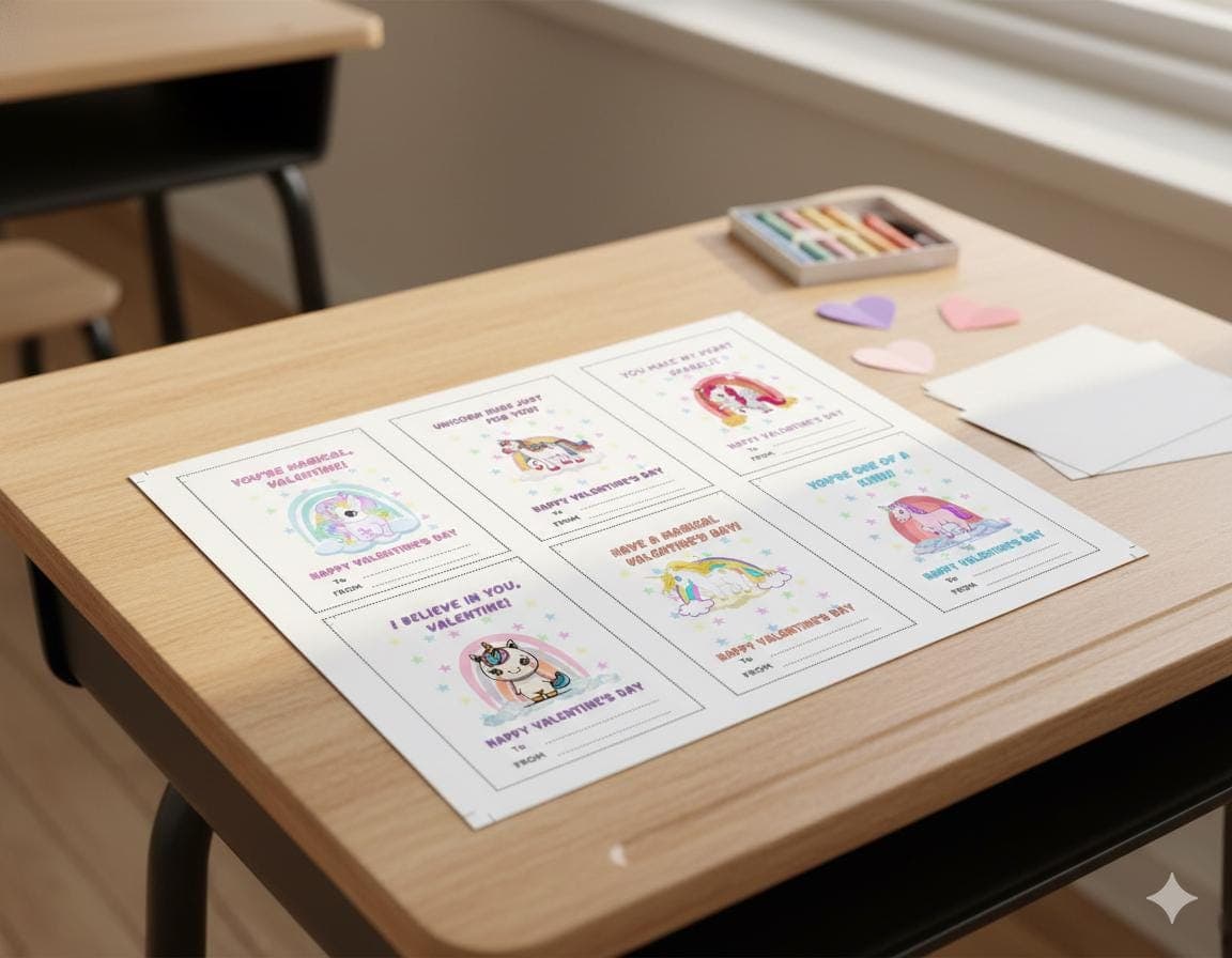 Kids unicorn Valentine cards printable bundle with cute designs for classroom use