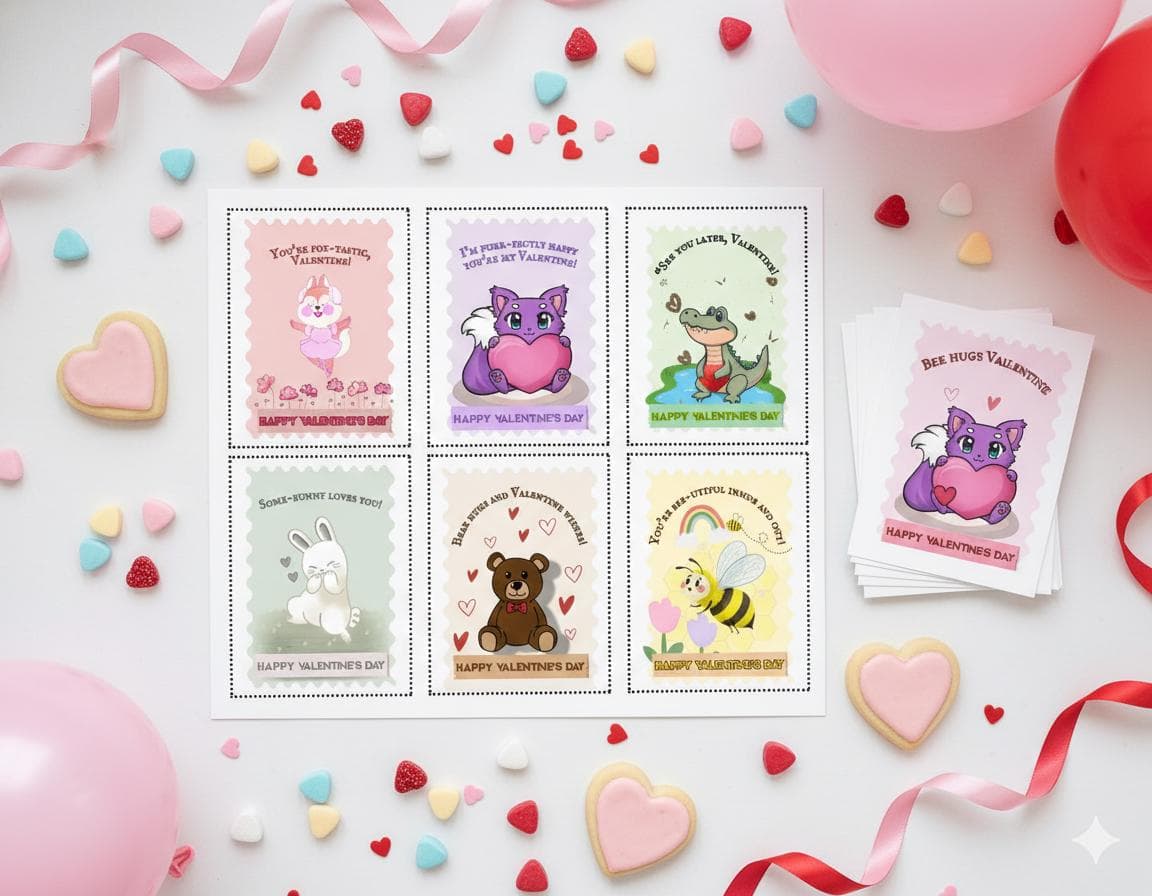 Animal Valentine Cards | Kids Classroom Printable (PDF Bundle, zip file for card for free