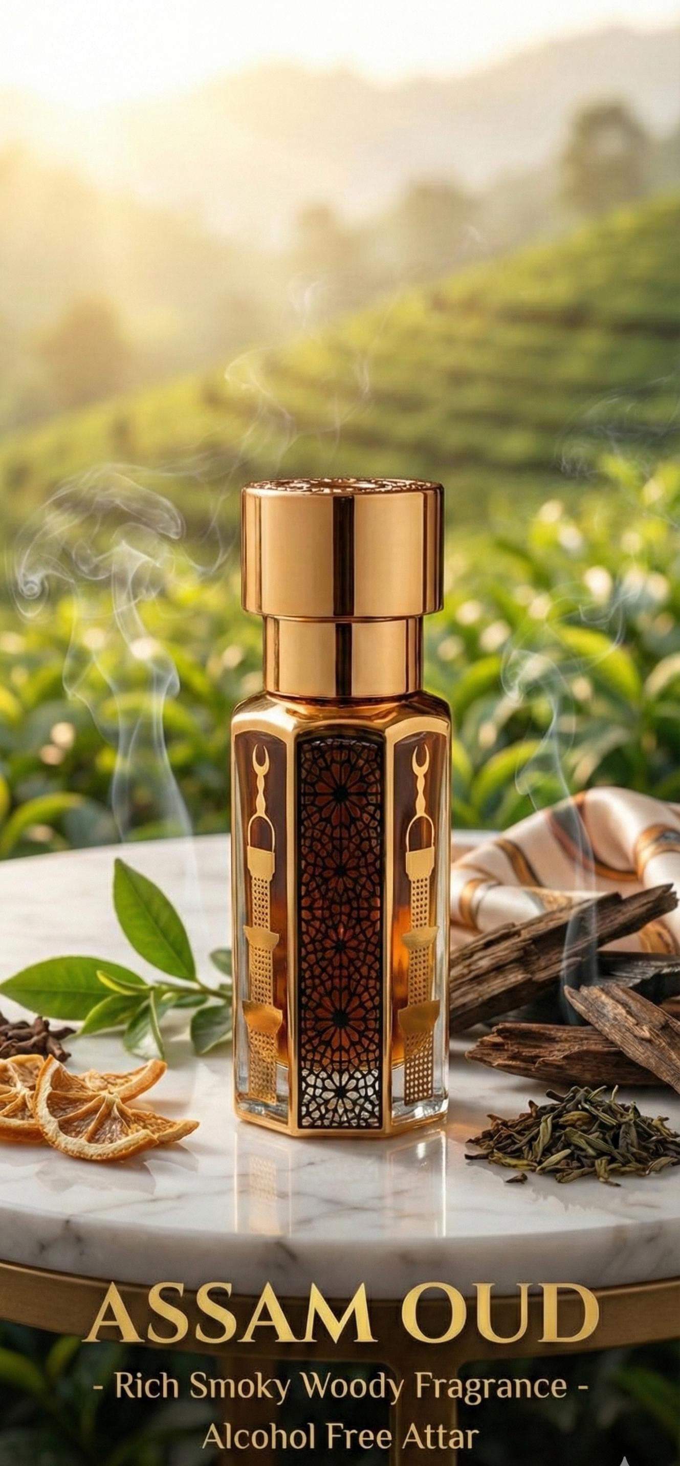 Luxury Assam Oud attar perfume displayed in cinematic smoky background inspired by burning oud chips on incense burner