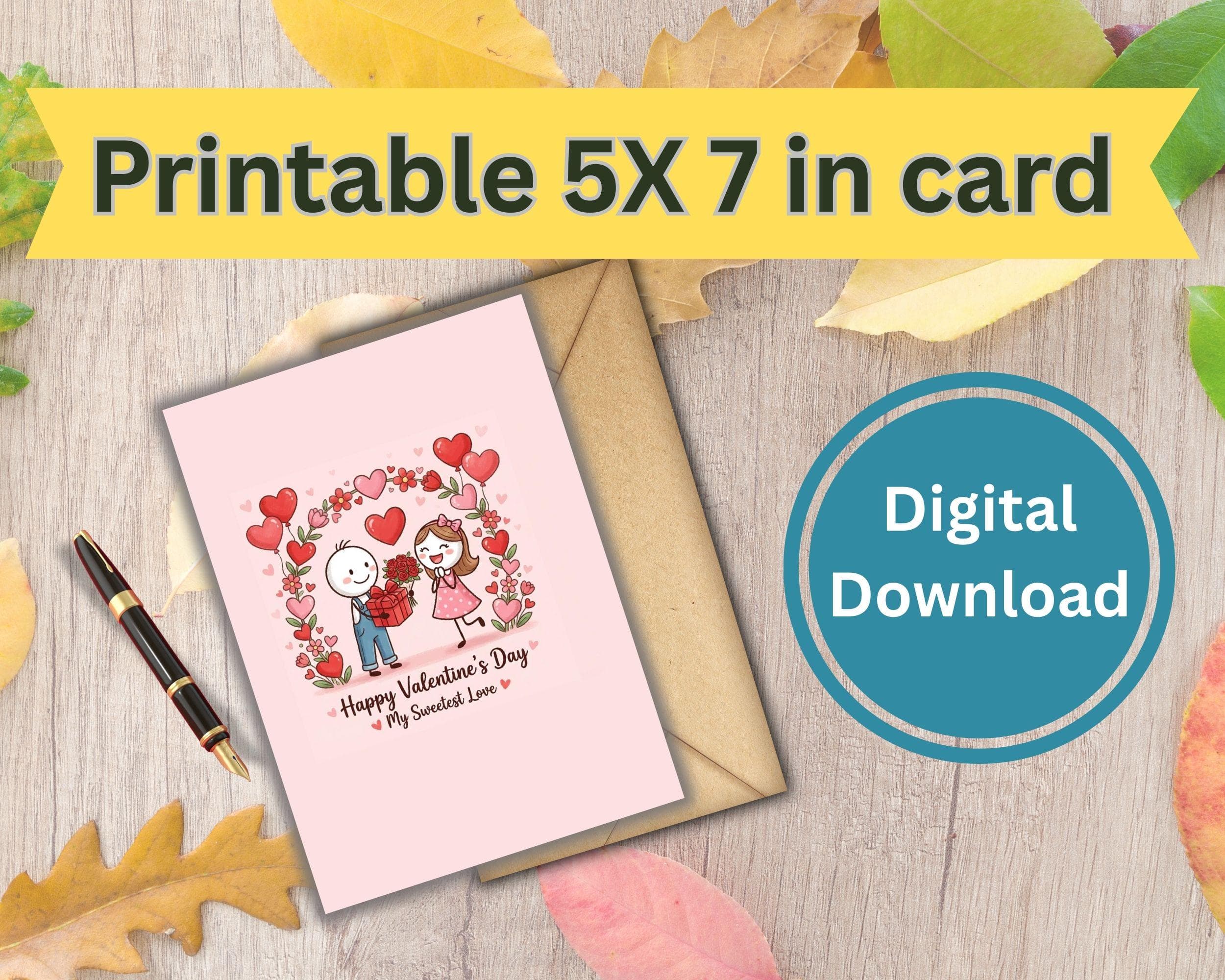 Heart Balloons Valentine's Day Card - Printable 5x7 (Digital Download)