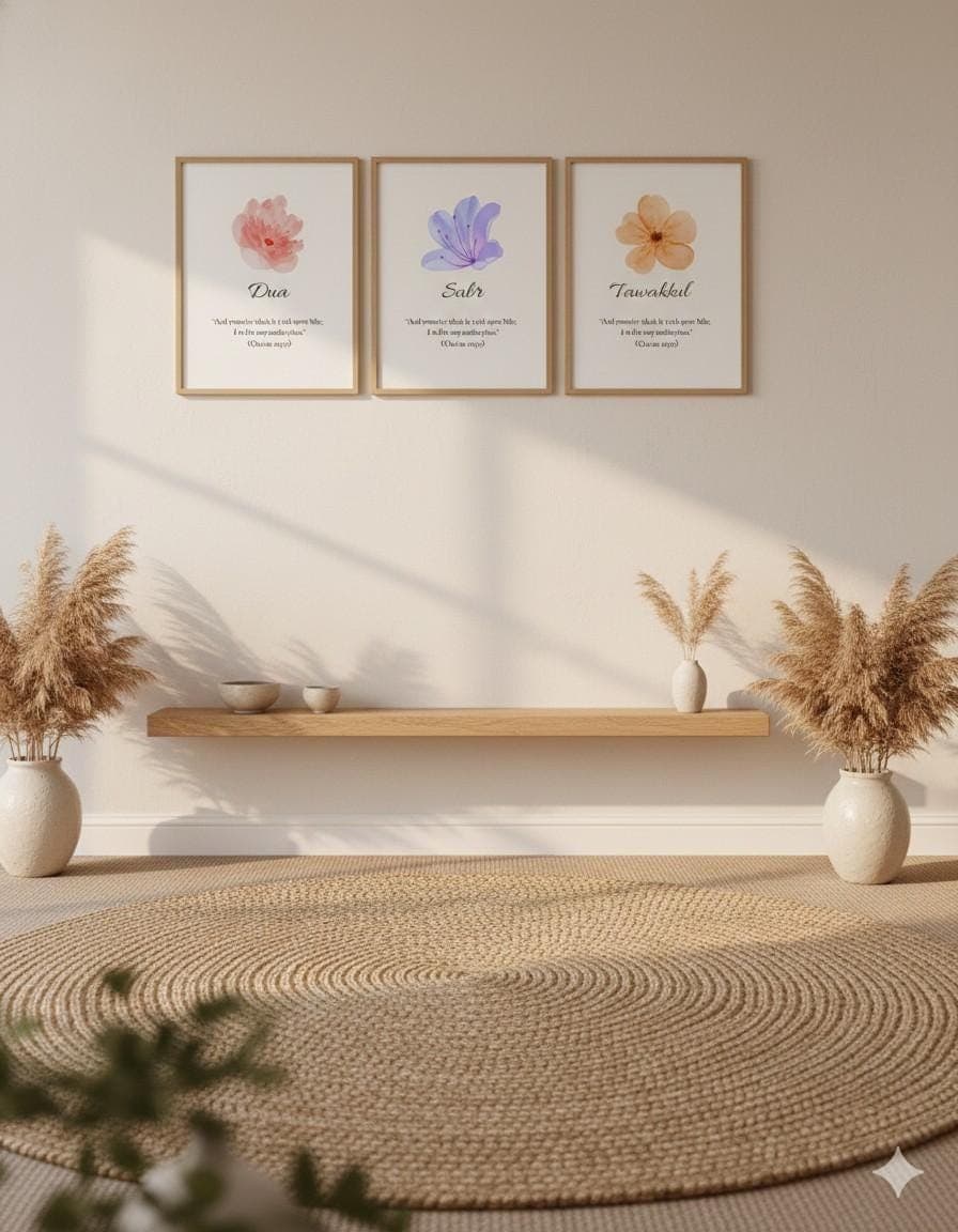 Neutral Boho Botanical Prints Set, Islamic Art, Dua Sabr Tawakkul (Digital Download)