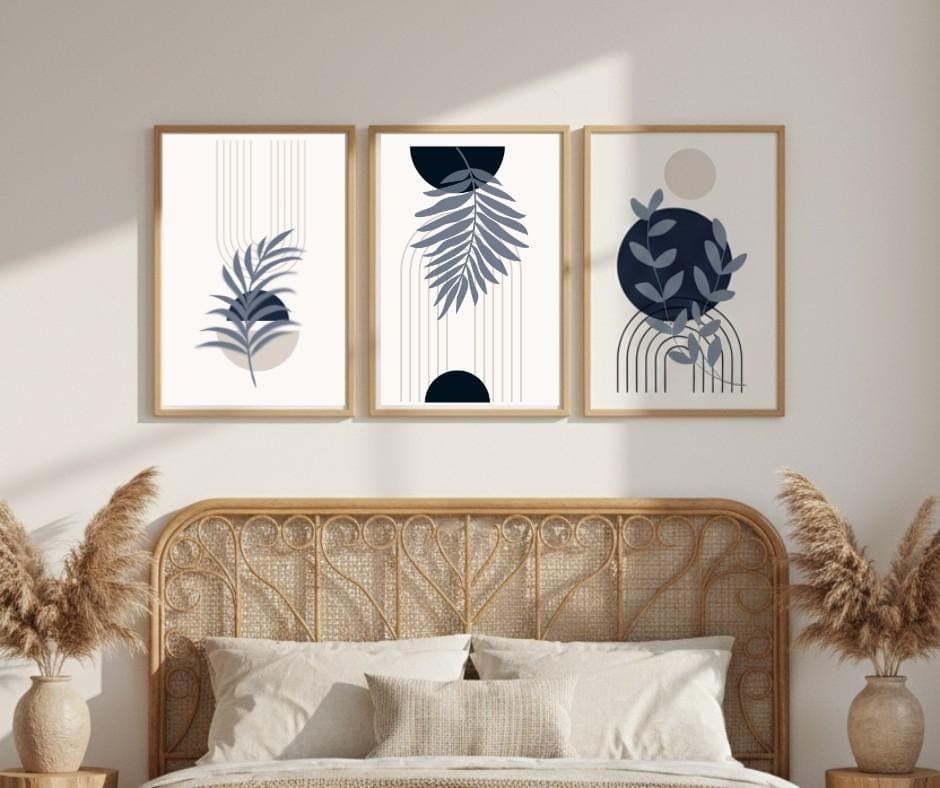 Boho Botanical Wall Art Set, Navy Blue Abstract Prints (Digital Download)