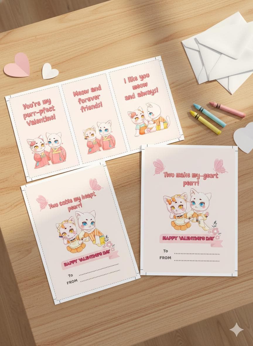 Kids Valentine cards printable shown on a decorated table with heart candy and festive Valentine party props