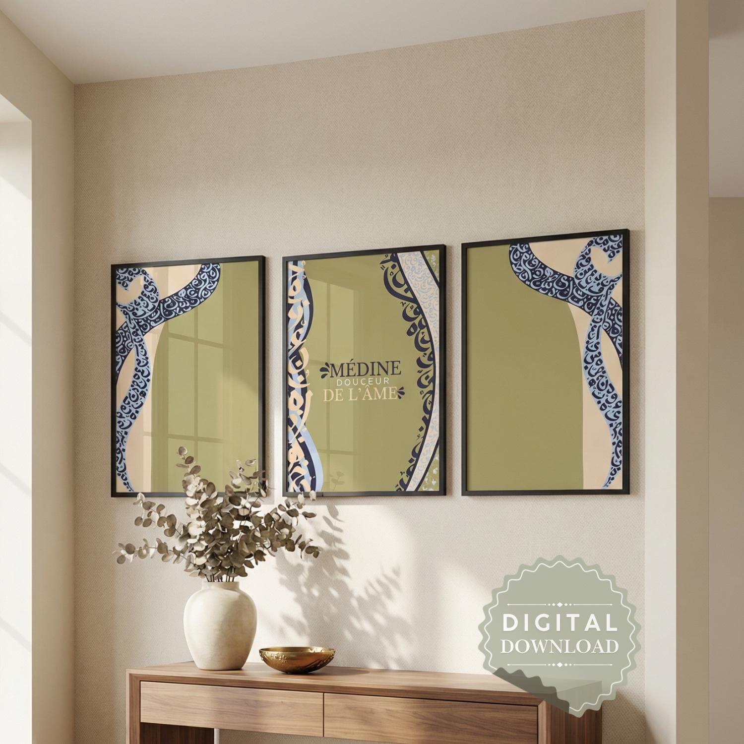 Islamic Wall Art Set of 3 Posters – Medina “Softness of the Soul”, Arabic Calligraphy Posters - Muslim Decor, Set Medine - Digital Download