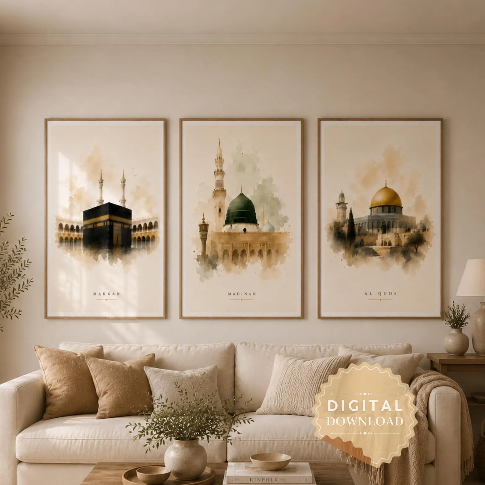 Islamic Holy Sites Bundle Set of 3 Prints | Makkah Madinah Al Quds Watercolor Wall Art | Minimalist Islamic Decor | Kaaba Mosque Printable