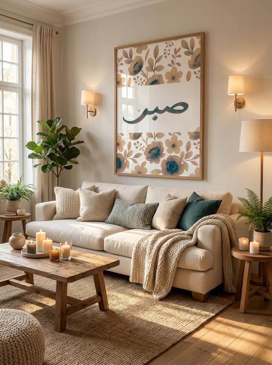 Sabr Arabic Wall Art Print | Neutral Beige & Blue Islamic Decor | Minimalist Floral Arabic Calligraphy | Printable Poster | Digital Download - image 3