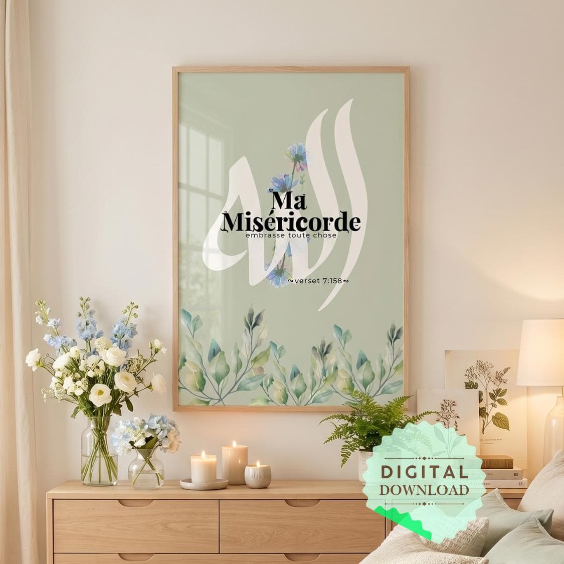 Islamic Wall Art Print – “My Mercy Encompasses All Things” Quran Verse 7:156 – Sage Green Floral Arabic Calligraphy Decor