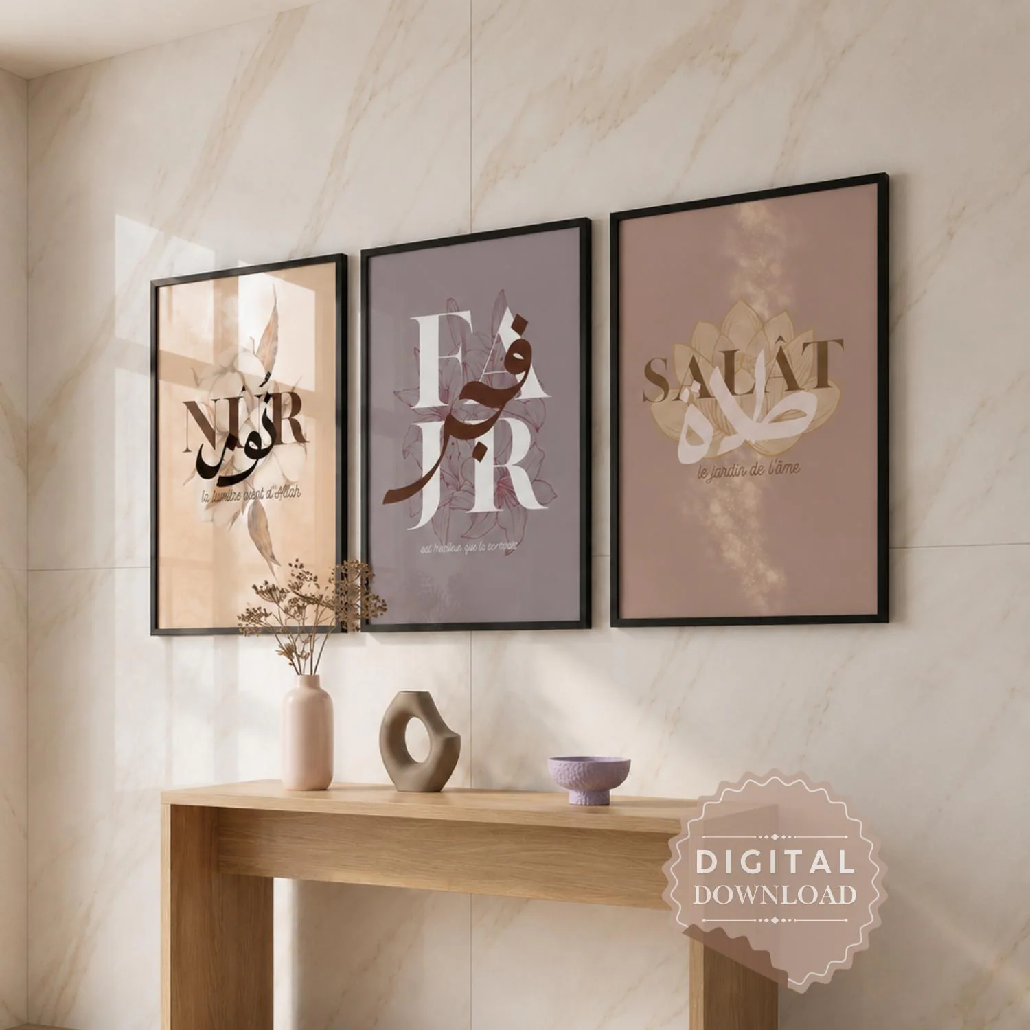 Islamic Printable Set of 3 Posters – Nur, Fajr & Salat Minimalist Arabic Calligraphy, Modern Muslim Wall Art, Digital Download