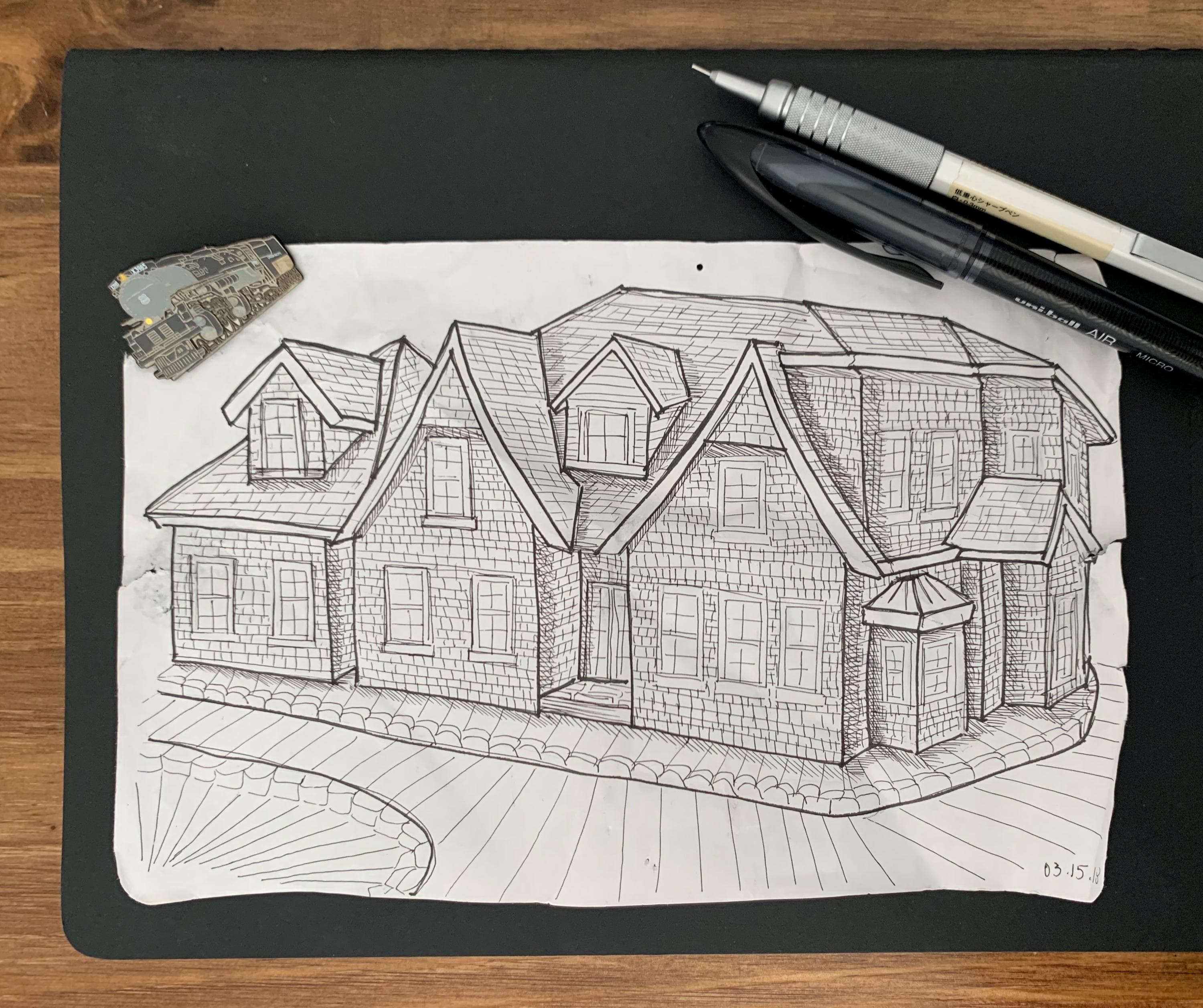 Detailed pen and ink drawing of a charming shingle style house with multiple gabled roofs, dormers, and a bay window.