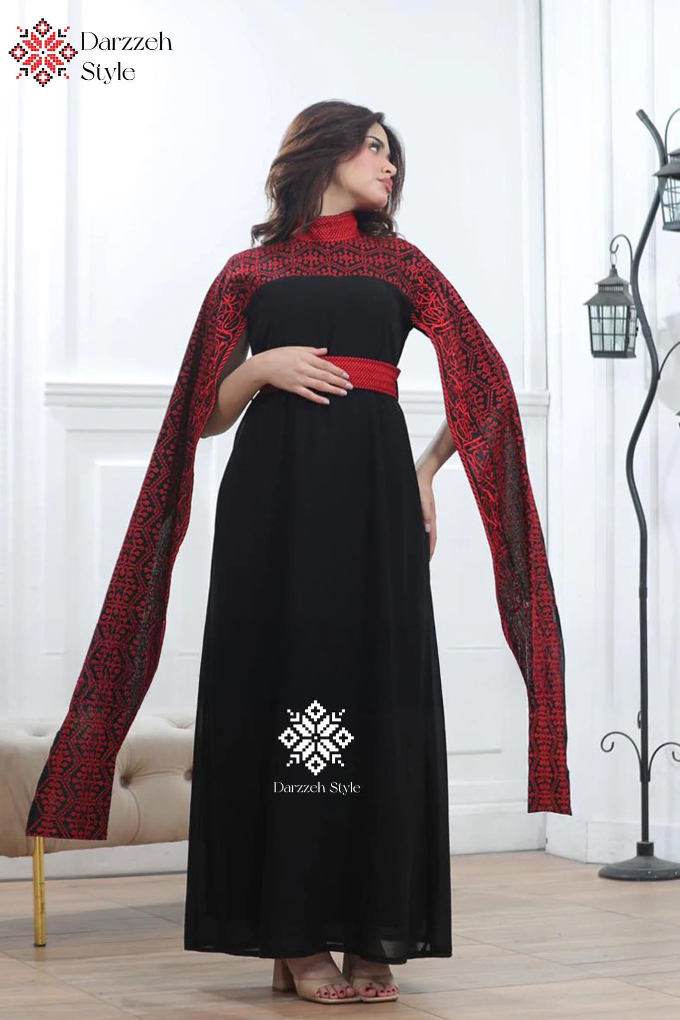 Elegant Palestinian Cape Dress | Traditional Embroidered Maxi Gown | Black & Red Heritage Dress | Arabic Formal Wear | Cultural Fashion