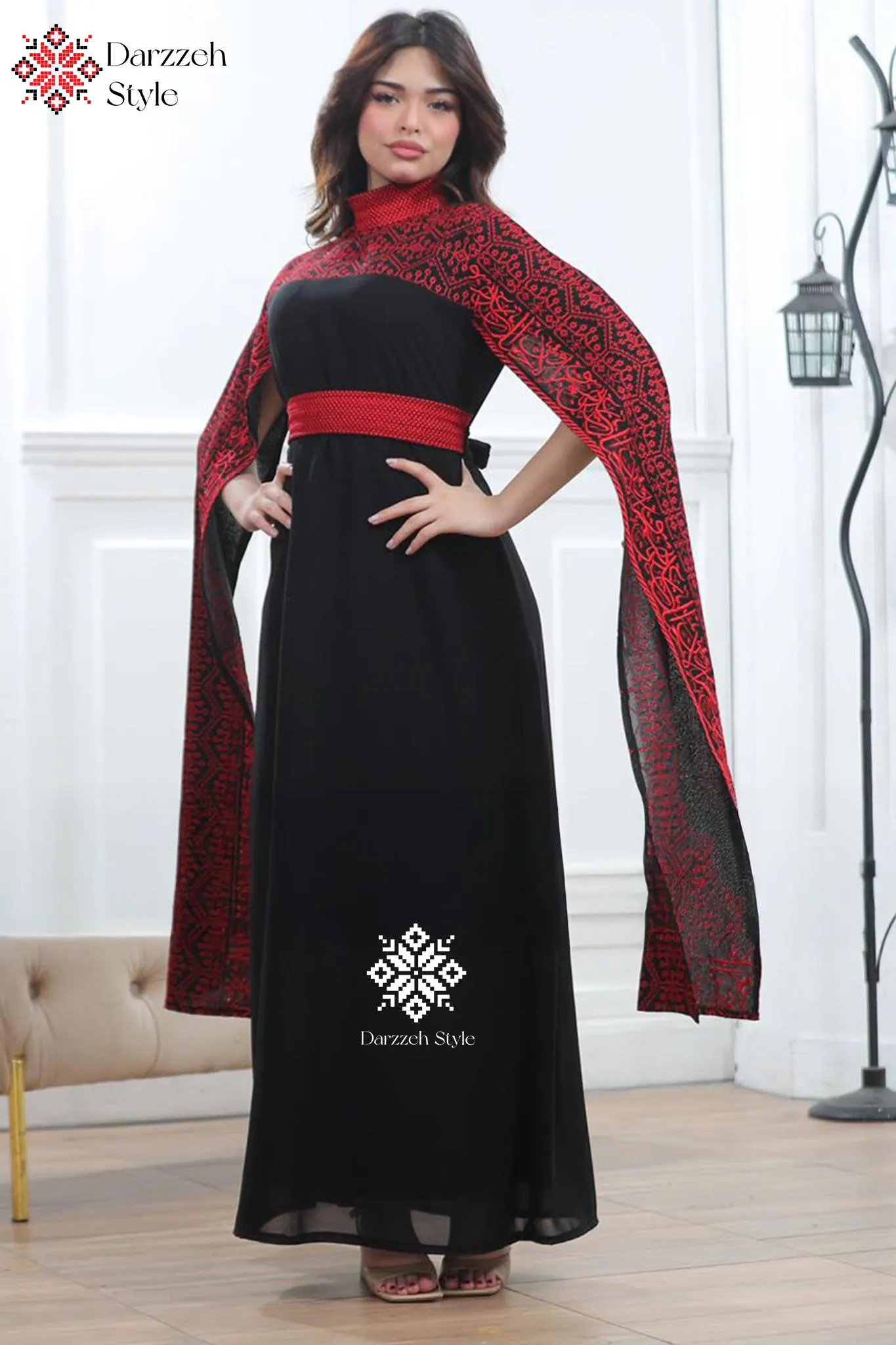 Elegant Palestinian Cape Dress | Traditional Embroidered Maxi Gown | Black & Red Heritage Dress | Arabic Formal Wear | Cultural Fashion - image 4
