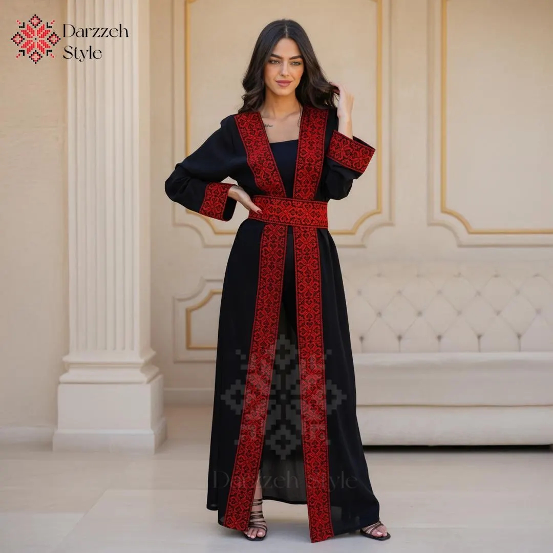 Palestinian Embroidered Open Abaya – Black & Red | Elegant Handmade Bisht with Sheer Details